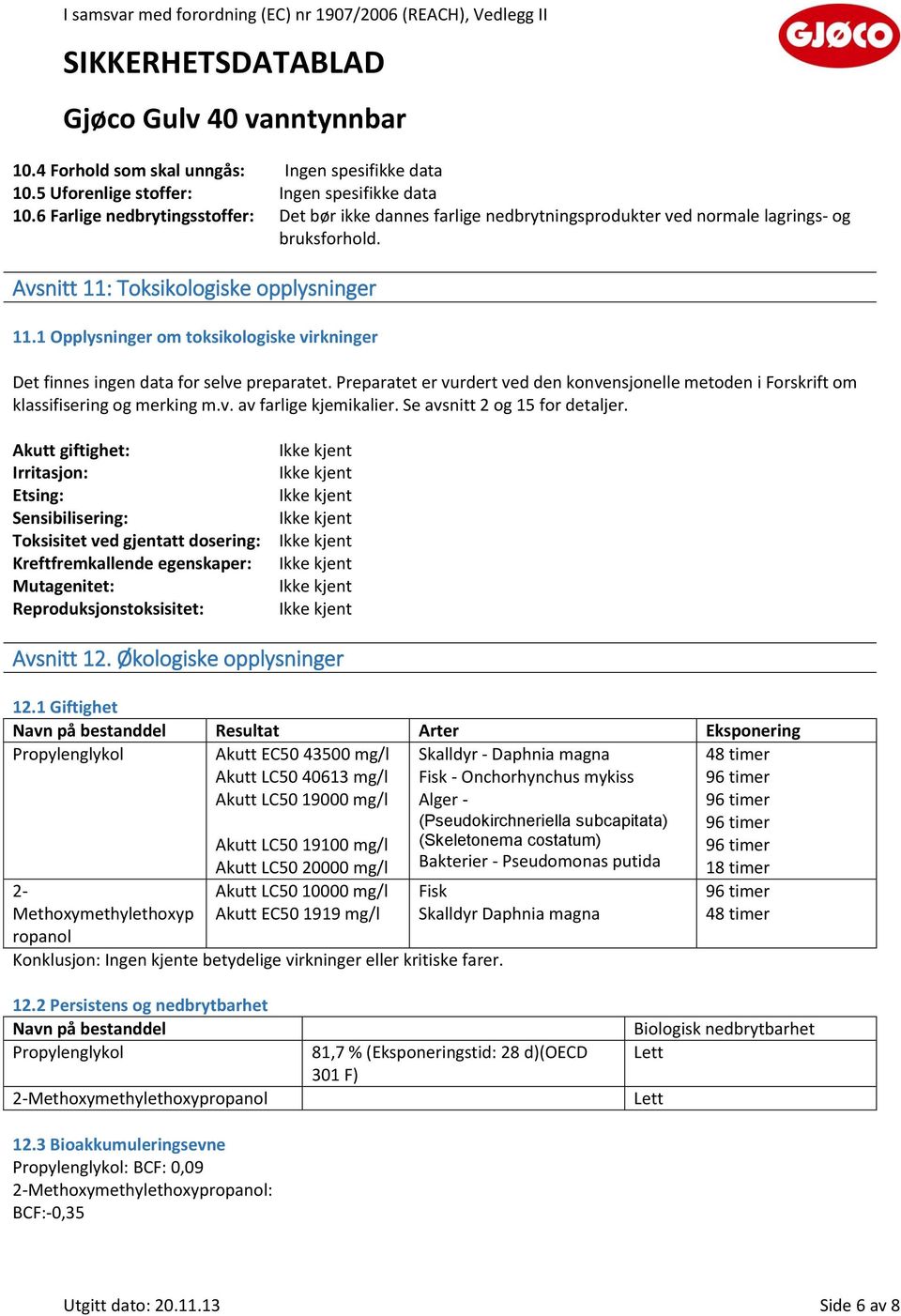 1 Opplysninger om toksikologiske virkninger Det finnes ingen data for selve preparatet. Preparatet er vurdert ved den konvensjonelle metoden i Forskrift om klassifisering og merking m.v. av farlige kjemikalier.