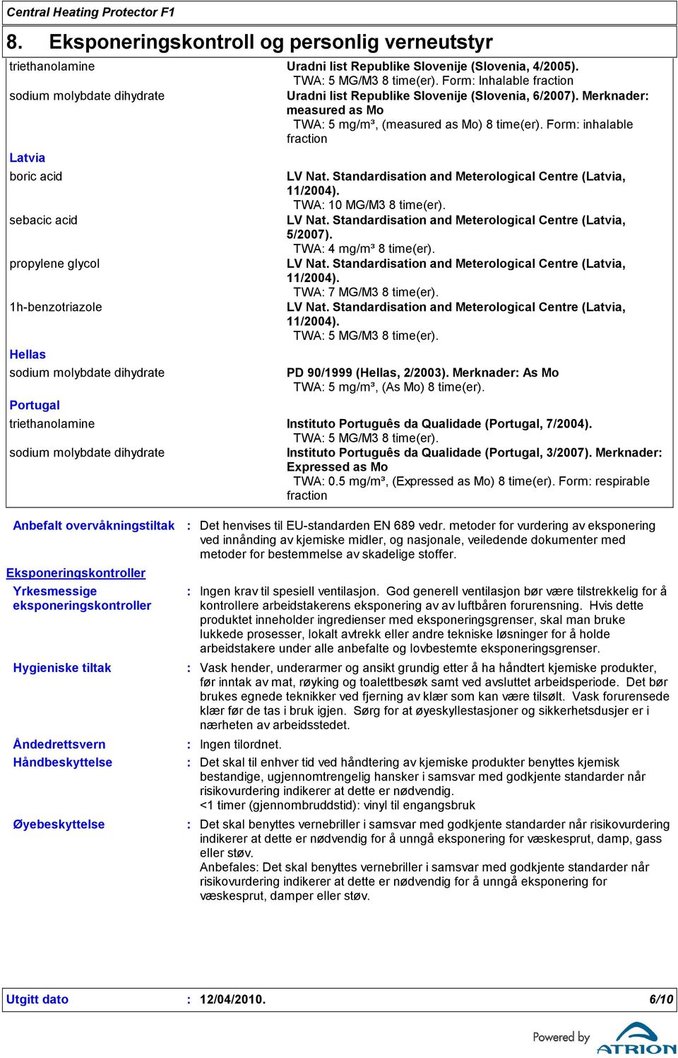 Form inhalable fraction Latvia boric acid sebacic acid propylene glycol 1h-benzotriazole Hellas Portugal Anbefalt overvåkningstiltak Eksponeringskontroller Yrkesmessige eksponeringskontroller