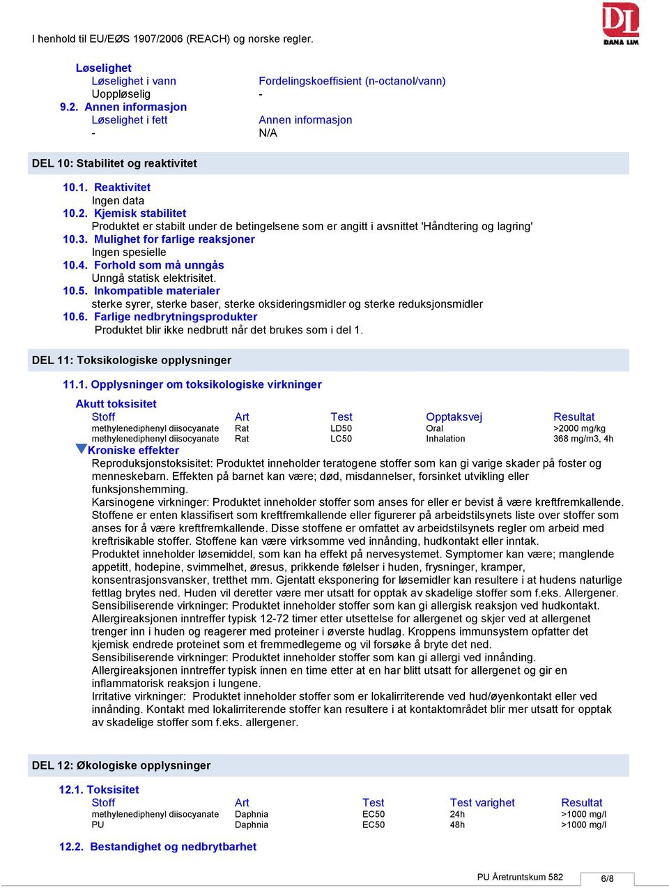 Forhold som må unngås Unngå statisk elektrisitet. 10.5. Inkompatible materialer sterke syrer, sterke baser, sterke oksideringsmidler og sterke reduksjonsmidler 10.6.