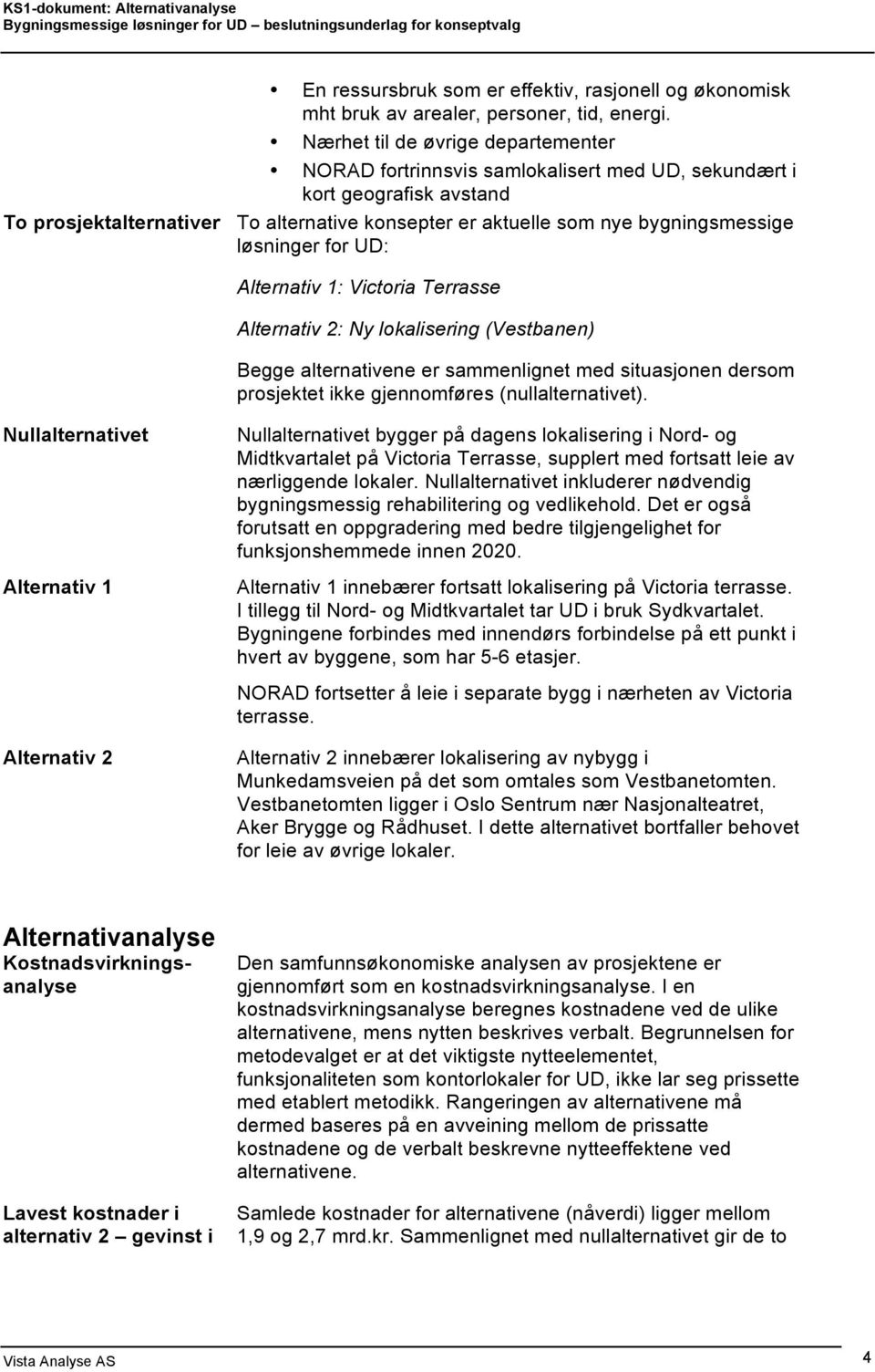 løsninger for UD: Alternativ 1: Victoria Terrasse Alternativ 2: Ny lokalisering (Vestbanen) Begge alternativene er sammenlignet med situasjonen dersom prosjektet ikke gjennomføres (nullalternativet).