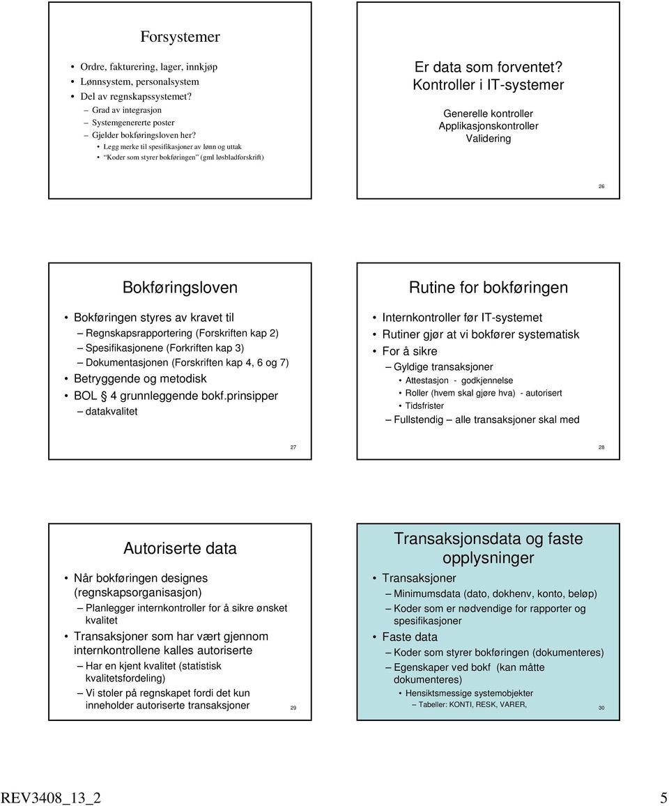 Kontroller i IT-systemer Generelle kontroller Applikasjonskontroller Validering 26 Bokføringsloven Bokføringen styres av kravet til Regnskapsrapportering (Forskriften kap 2) Spesifikasjonene