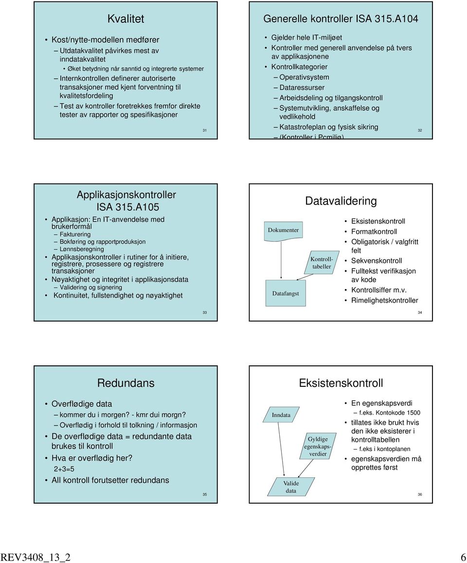 forventning til kvalitetsfordeling Test av kontroller foretrekkes fremfor direkte tester av rapporter og spesifikasjoner 31 Gjelder hele IT-miljøet Kontroller med generell anvendelse på tvers av