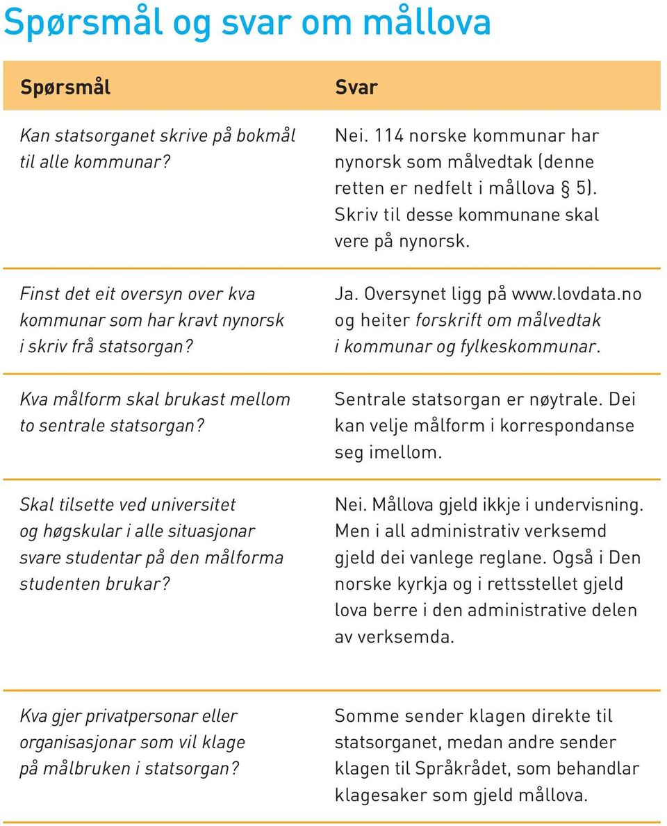 114 norske kommunar har nynorsk som målvedtak (denne retten er nedfelt i mållova 5). Skriv til desse kommunane skal vere på nynorsk. Ja. Oversynet ligg på www.lovdata.