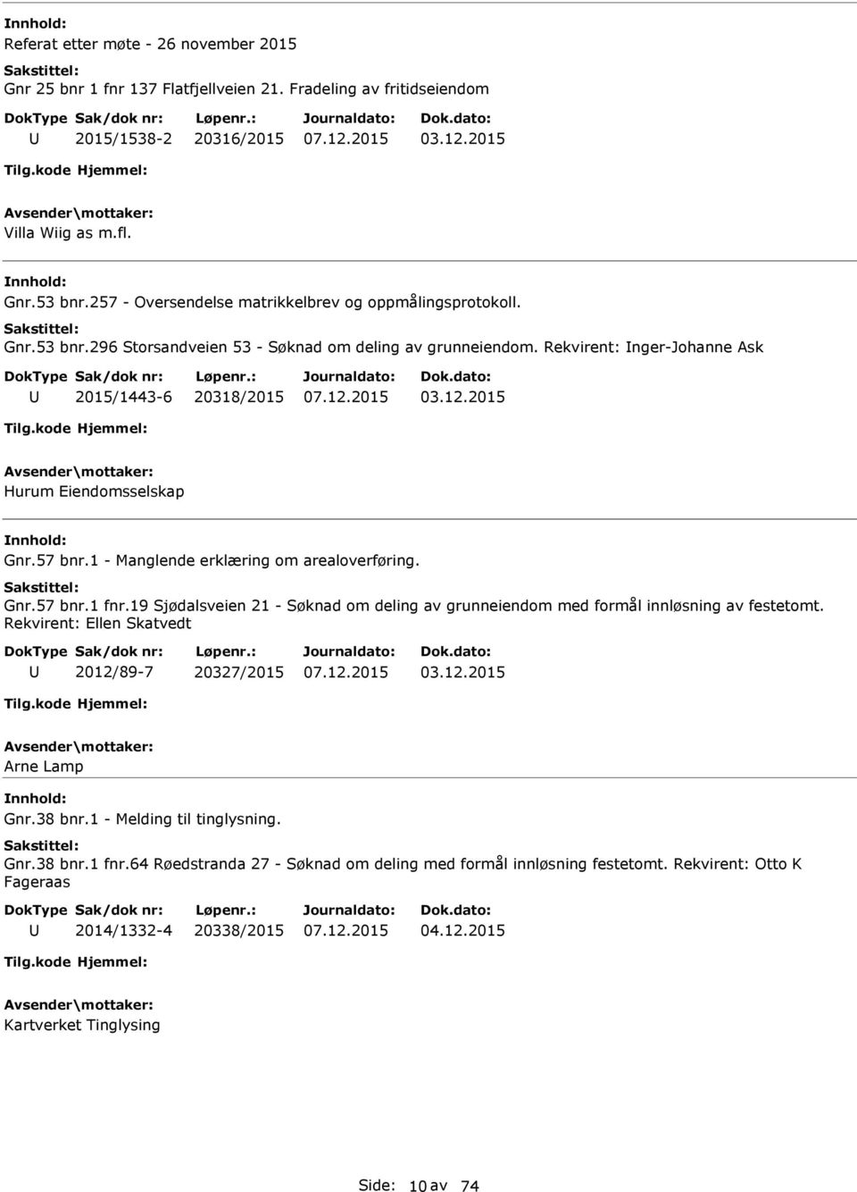 2015 Hurum Eiendomsselskap Gnr.57 bnr.1 - Manglende erklæring om arealoverføring. Gnr.57 bnr.1 fnr.19 Sjødalsveien 21 - Søknad om deling av grunneiendom med formål innløsning av festetomt.