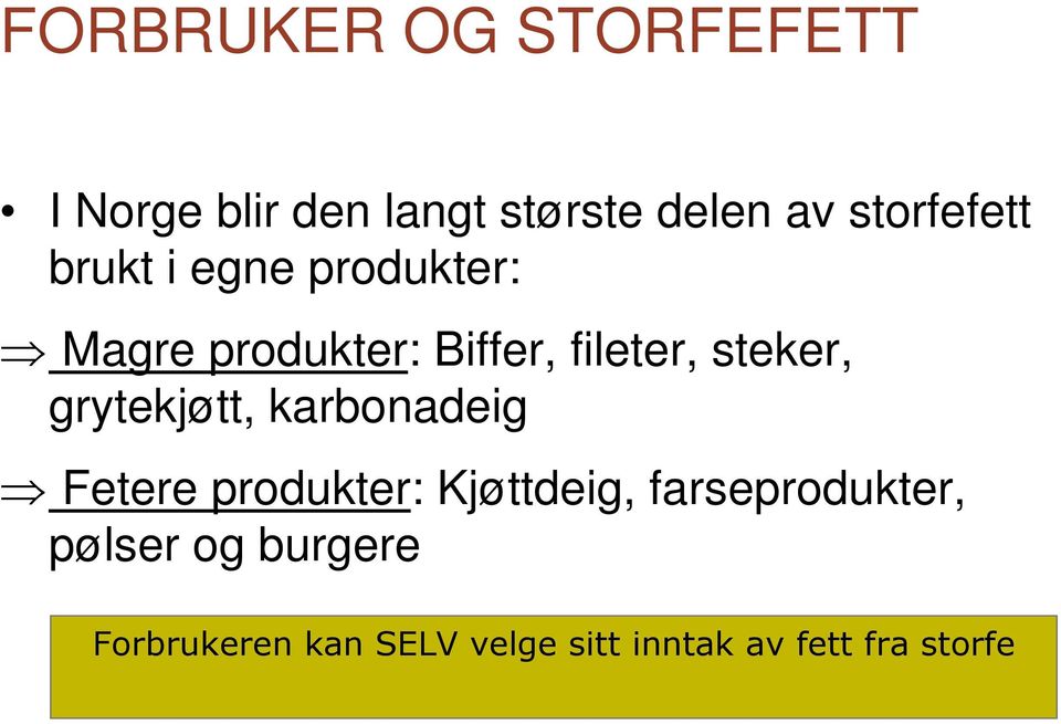 steker, grytekjøtt, karbonadeig Fetere produkter: Kjøttdeig,