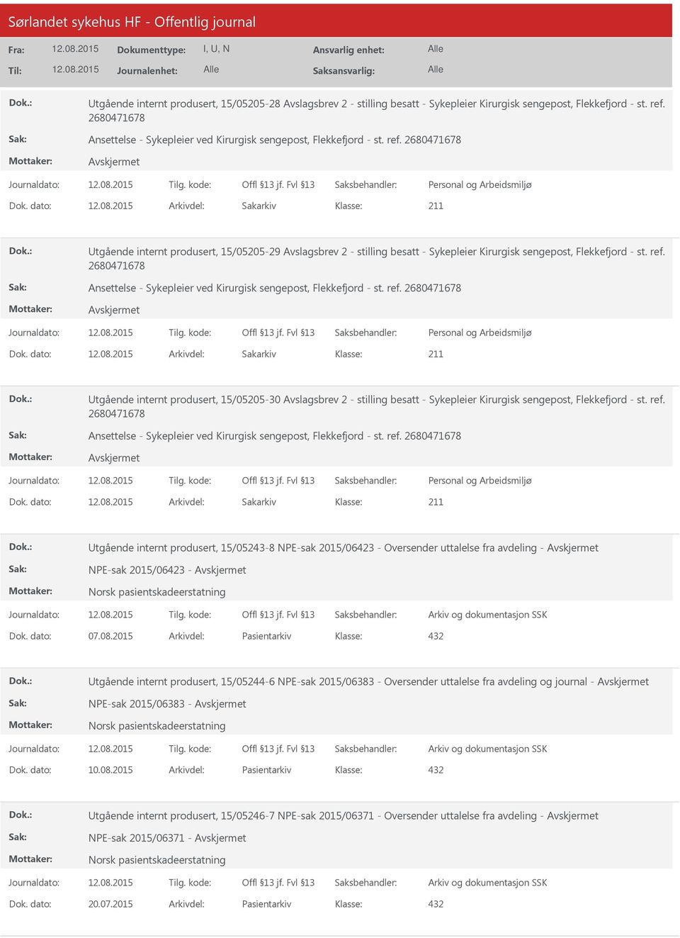 dato: Arkivdel: Sakarkiv 211 Utgående internt produsert, 15/05205-29 Avslagsbrev 2 - stilling besatt - Sykepleier Kirurgisk sengepost, Flekkefjord - st. ref.