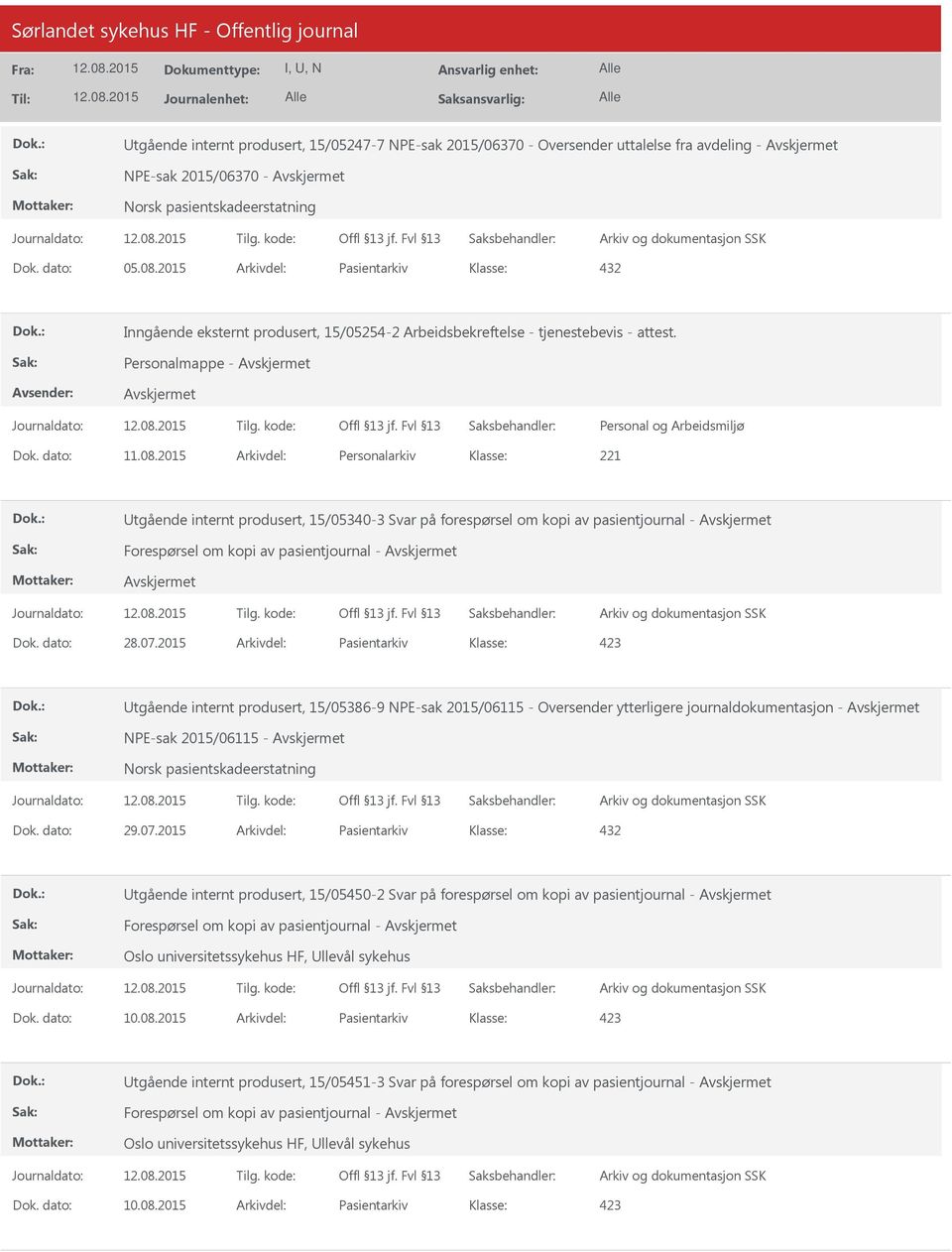 2015 Arkivdel: Personalarkiv Utgående internt produsert, 15/05340-3 Svar på forespørsel om kopi av pasientjournal - Forespørsel om kopi av pasientjournal - Dok. dato: 28.07.