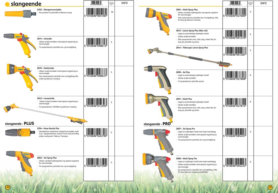 pulverbelagt trykkstøpt metall - Låsbar av/på-avtrekker - Åtte spraymønstre: kon, vifte, dusj, vinkel, flat, fin dusj, jet, jetstråle og senter - Tre spraymønstre: jetstråle, kon, og hurtigfylling 44