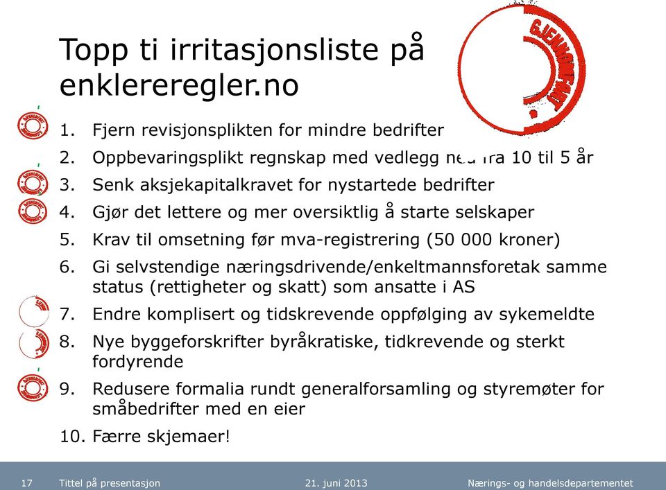 Gi selvstendige næringsdrivende/enkeltmannsforetak samme status (rettigheter og skatt) som ansatte i AS 7. Endre komplisert og tidskrevende oppfølging av sykemeldte 8.