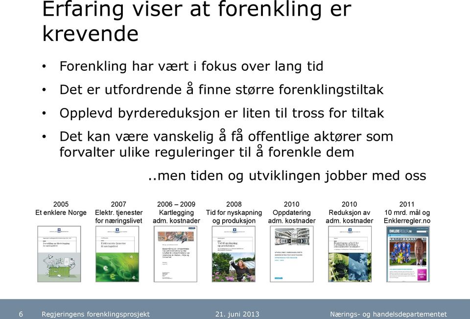 forenkle dem..men tiden og utviklingen jobber med oss 2005 Et enklere Norge 2007 Elektr. tjenester for næringslivet 2006 2009 Kartlegging adm.