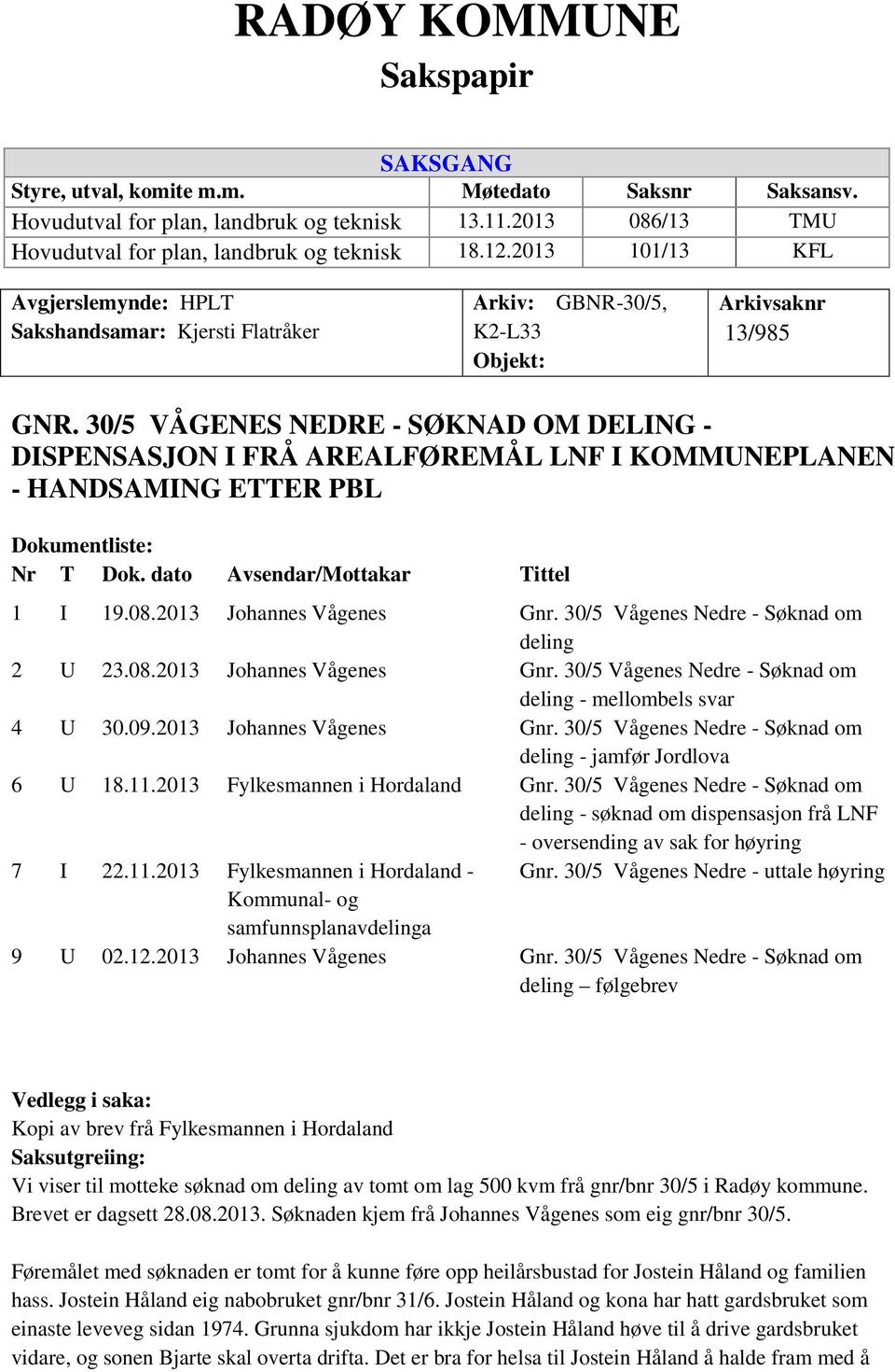 30/5 VÅGENES NEDRE - SØKNAD OM DELING - DISPENSASJON I FRÅ AREALFØREMÅL LNF I KOMMUNEPLANEN - HANDSAMING ETTER PBL Dokumentliste: Nr T Dok. dato Avsendar/Mottakar Tittel 1 I 19.08.