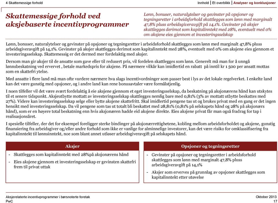 Gevinster på aksjer skattlegges derimot som kapitalinntekt med 28%, eventuelt med 0% om aksjene eies gjennom et investeringsselskap Lønn, bonuser, naturalytelser og gevinster på opsjoner og