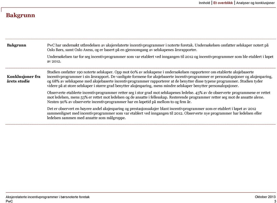 Undersøkelsen tar for seg incentivprogrammer som var etablert ved inngangen til 2012 og incentivprogrammer som ble etablert i løpet av 2012. Studien omfatter 190 noterte selskaper.