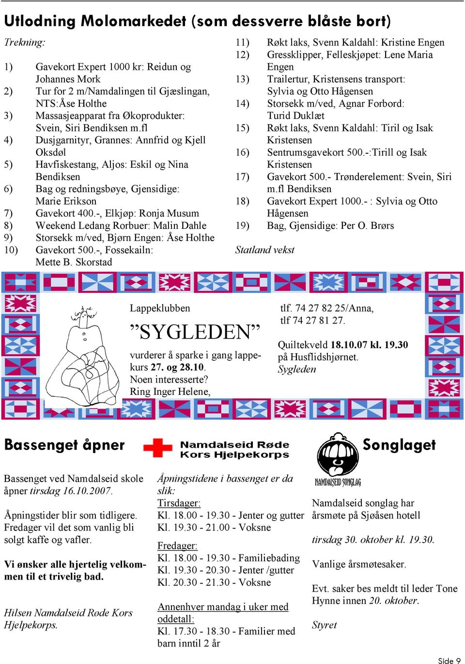 fl 4) Dusjgarnityr, Grannes: Annfrid og Kjell Oksdøl 5) Havfiskestang, Aljos: Eskil og Nina Bendiksen 6) Bag og redningsbøye, Gjensidige: Marie Erikson 7) Gavekort 400.