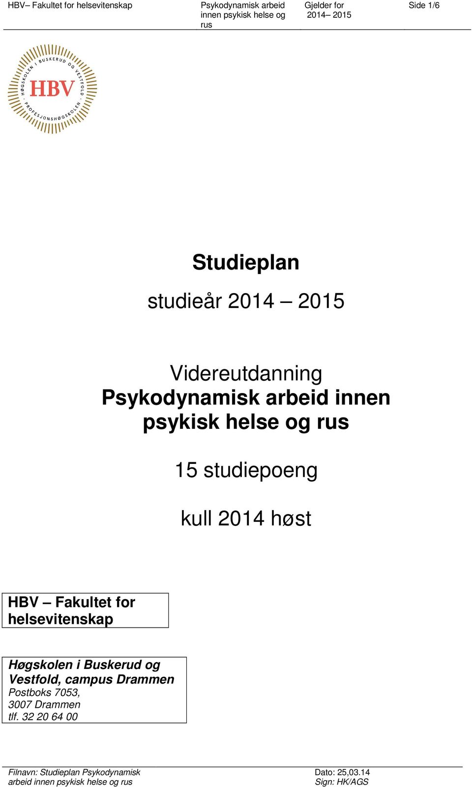 Fakultet for helsevitenskap Høgskolen i Buskerud og