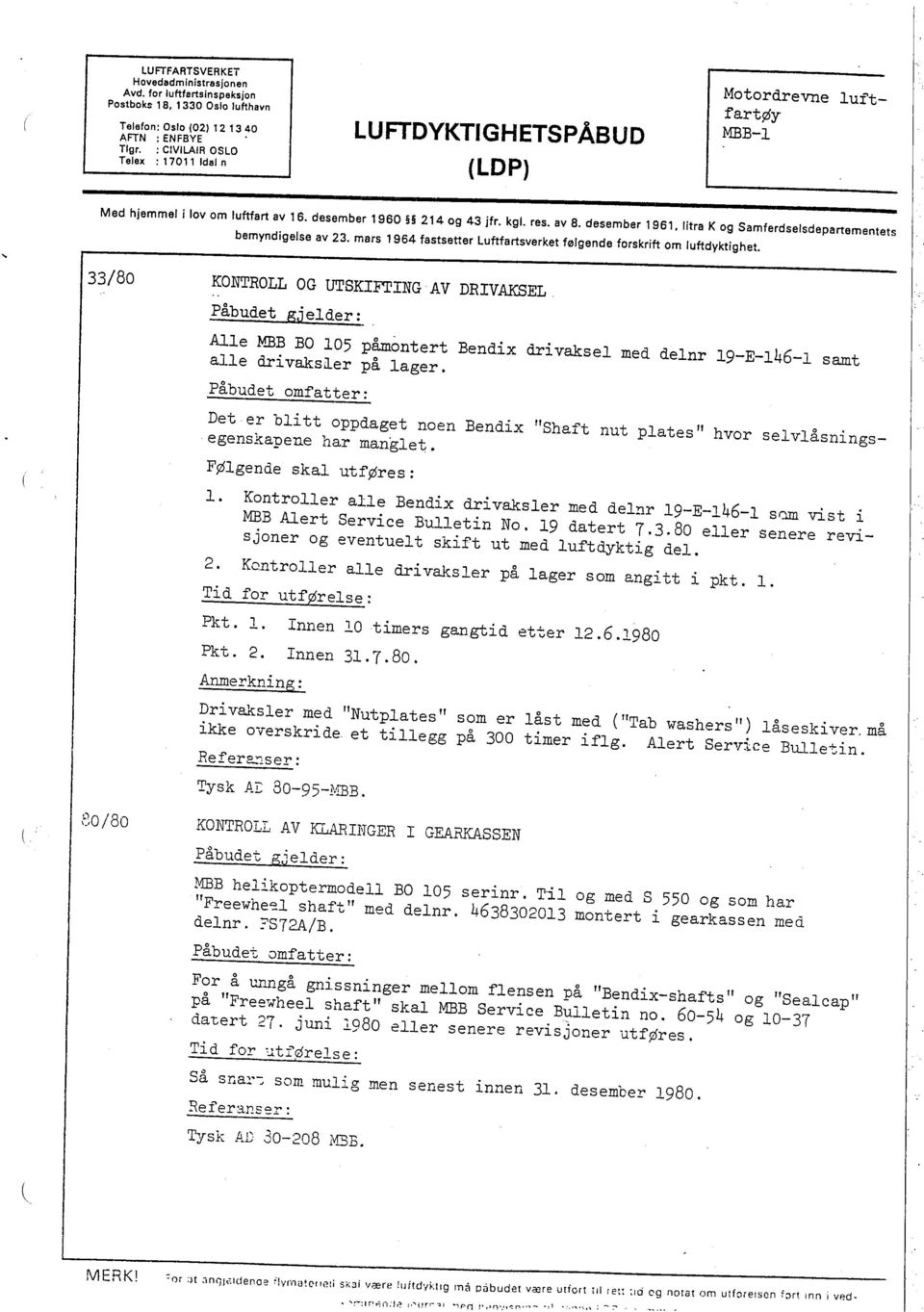 Iltra K og Samferdselsdepartementets bemyndigelse av 23. mars 1964 fastsetter Luftfartsverket følgende forskrift om luftdyktighet.