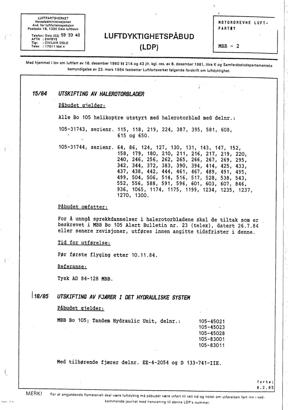 litra K og Samferdselsdepartementets bemyndigelse av 23. mars 1964 fastsetter Luftfartsverket følgende forskrift om luftdyktighet.