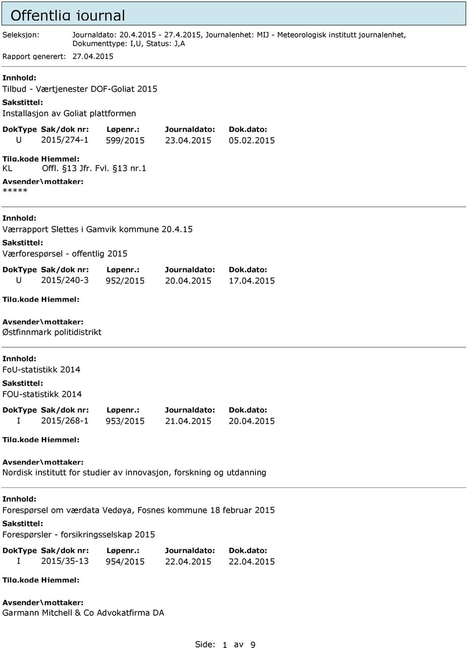 2015, Journalenhet: MJ - Meteorologisk institutt journalenhet, Dokumenttype:,, Status: J,A Tilbud - Værtjenester DOF-Goliat 2015 nstallasjon av Goliat plattformen KL 2015/274-1 599/2015