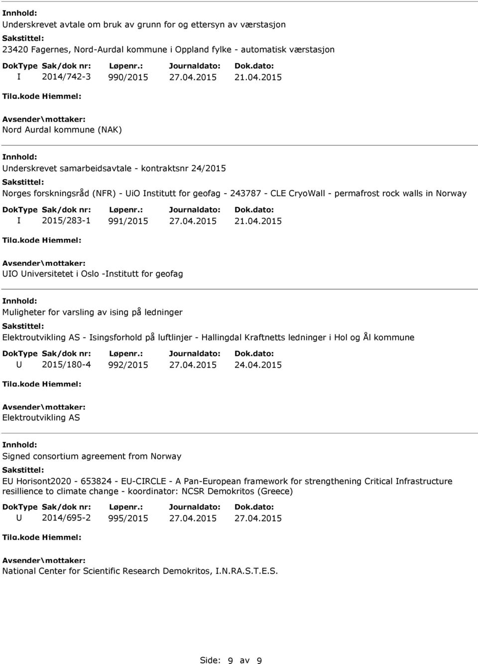 -nstitutt for geofag Muligheter for varsling av ising på ledninger Elektroutvikling AS - singsforhold på luftlinjer - Hallingdal Kraftnetts ledninger i Hol og Ål kommune 2015/180-4 992/2015