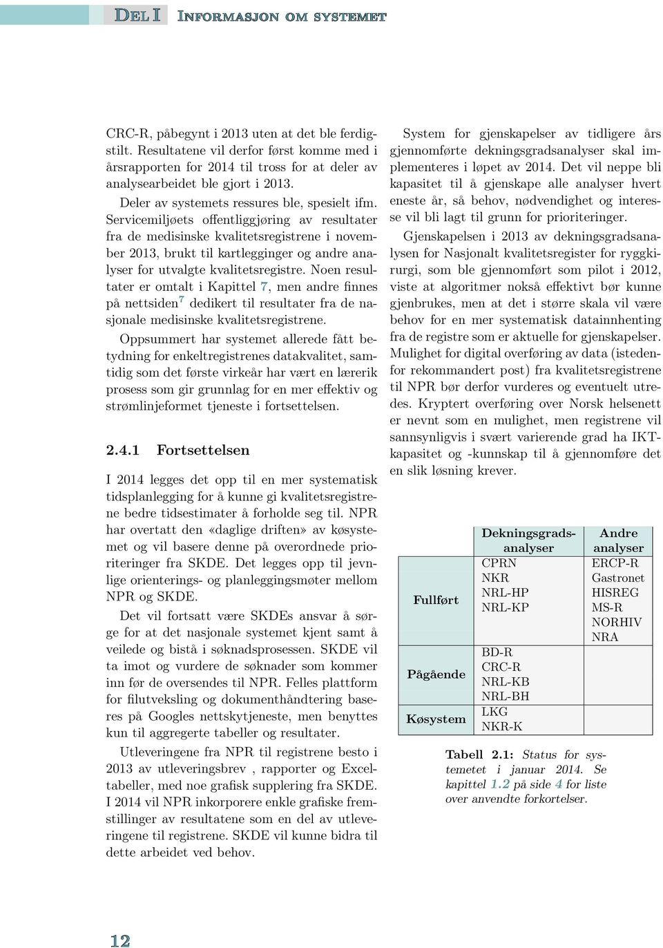 Servicemiljøets offentliggjøring av resultater fra de medisinske kvalitetsregistrene i november 2013, brukt til kartlegginger og andre analyser for utvalgte kvalitetsregistre.