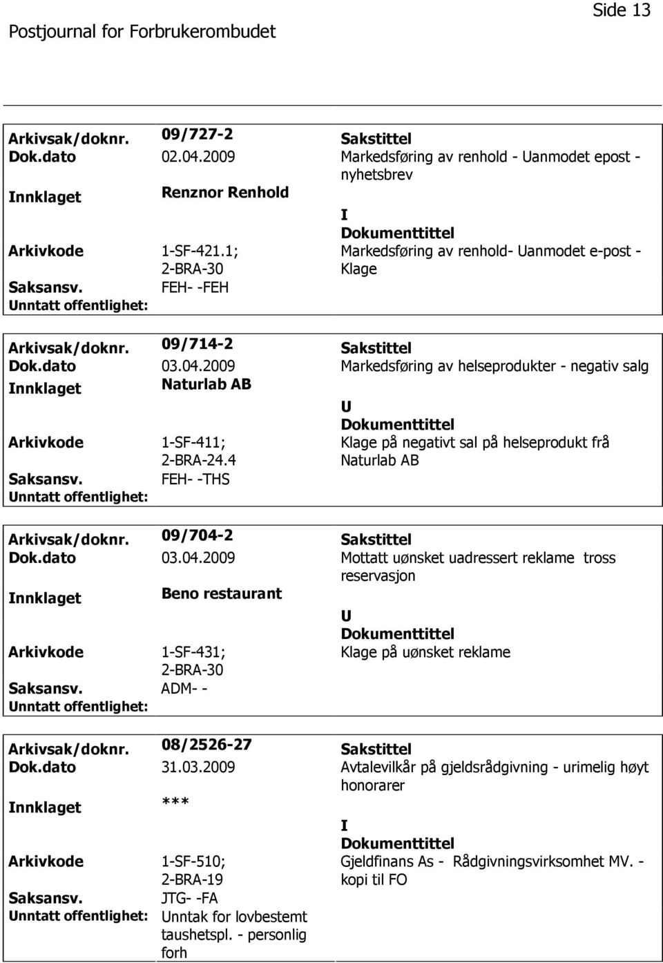 2009 Markedsføring av helseprodukter - negativ salg nnklaget Naturlab AB 1-SF-411; 2-BRA-24.4 Klage på negativt sal på helseprodukt frå Naturlab AB FEH- -THS Arkivsak/doknr. 09/704-2 Sakstittel Dok.