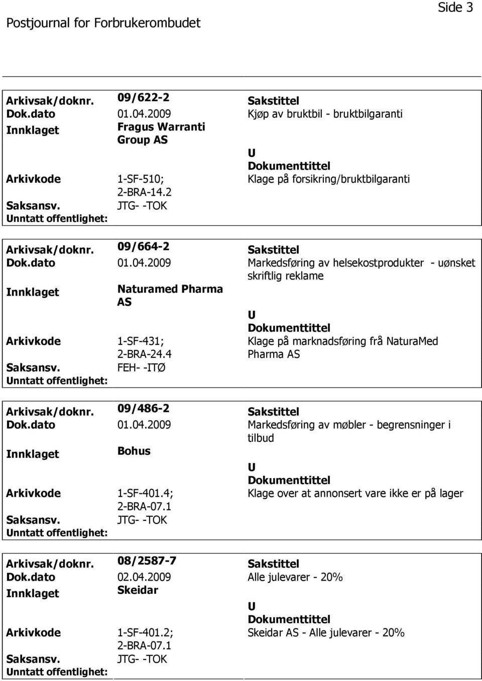 2009 Markedsføring av helsekostprodukter - uønsket skriftlig reklame nnklaget Naturamed Pharma AS 1-SF-431; 2-BRA-24.4 FEH- -TØ Klage på marknadsføring frå NaturaMed Pharma AS Arkivsak/doknr.