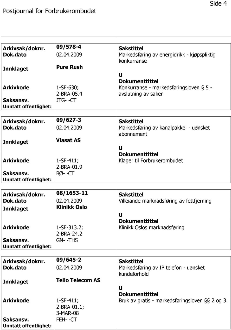 2009 Markedsføring av kanalpakke - uønsket abonnement nnklaget Viasat AS 1-SF-411; 2-BRA-01.9 Klager til Forbrukerombudet BØ- -CT Arkivsak/doknr. 08/1653-11 Sakstittel Dok.dato 02.04.