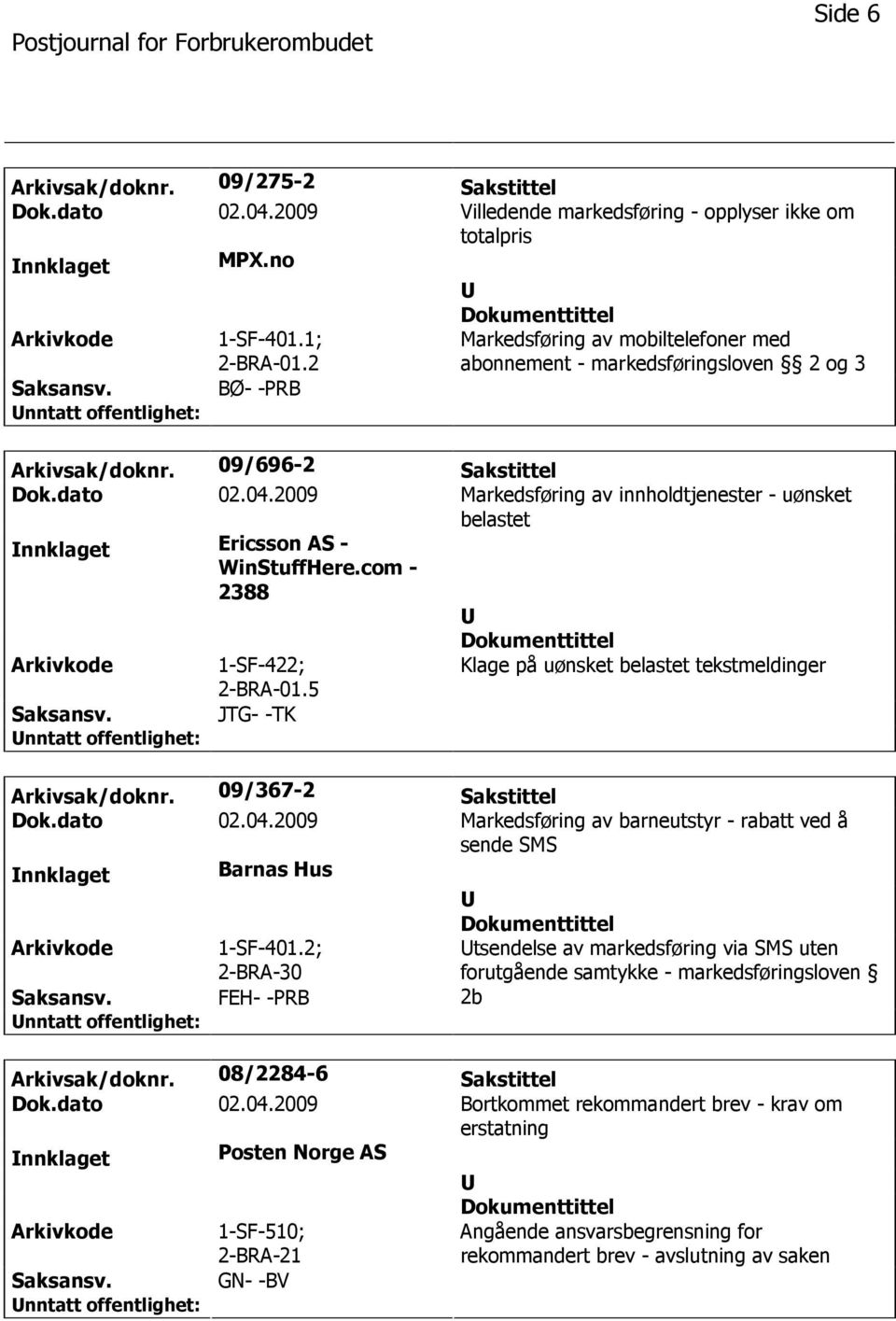 2009 Markedsføring av innholdtjenester - uønsket belastet nnklaget Ericsson AS - WinStuffHere.com - 2388 1-SF-422; 2-BRA-01.5 Klage på uønsket belastet tekstmeldinger JTG- -TK Arkivsak/doknr.