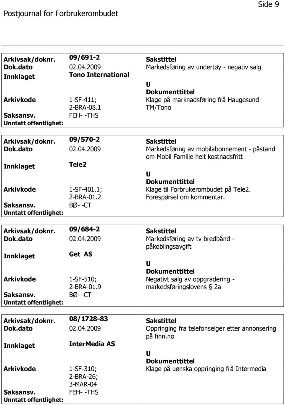 2009 Markedsføring av mobilabonnement - påstand om Mobil Familie helt kostnadsfritt nnklaget Tele2 1-SF-401.1; 2-BRA-01.2 BØ- -CT Klage til Forbrukerombudet på Tele2. Forespørsel om kommentar.