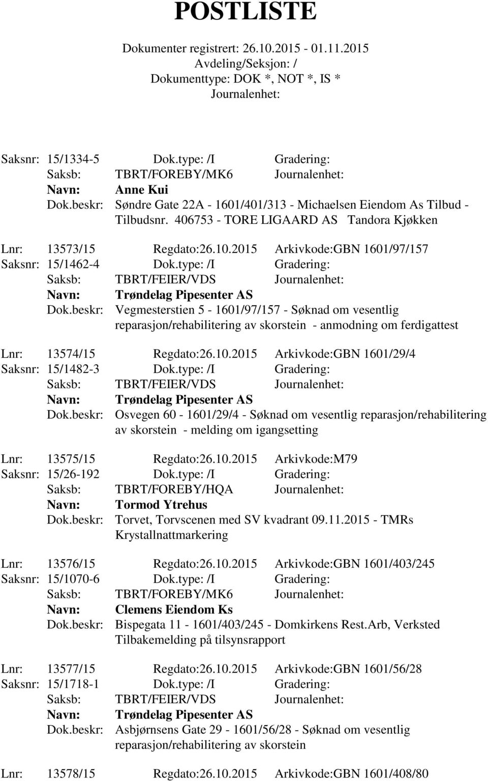 beskr: Vegmesterstien 5-1601/97/157 - Søknad om vesentlig reparasjon/rehabilitering av skorstein - anmodning om ferdigattest Lnr: 13574/15 Regdato:26.10.