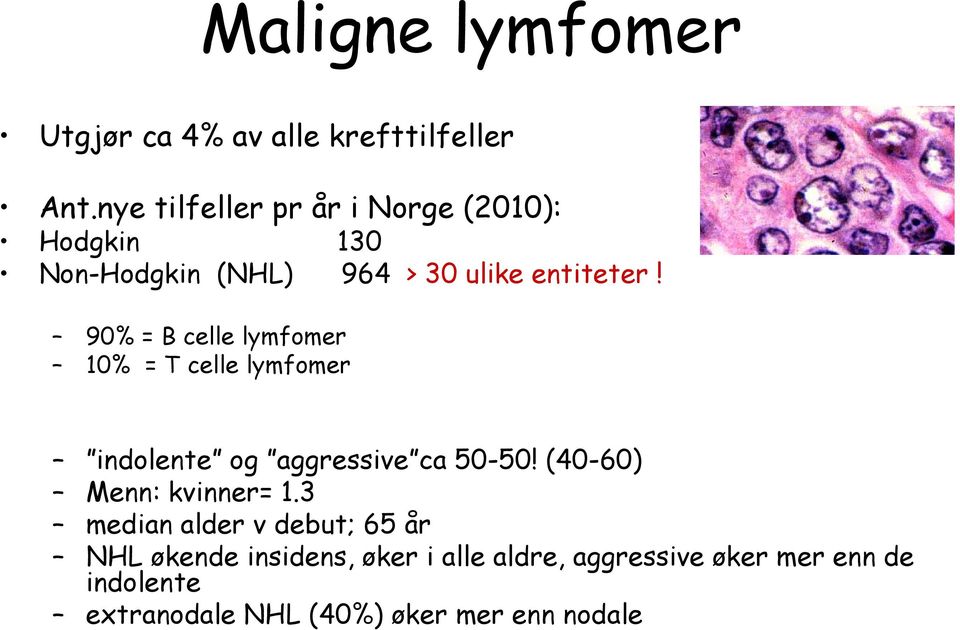 90% = B celle lymfomer 10% = T celle lymfomer indolente og aggressive ca 50-50!
