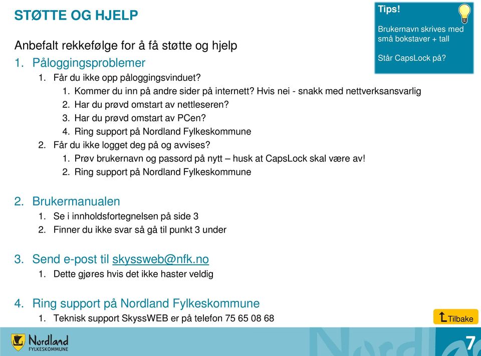 Prøv brukernavn og passord på nytt husk at CapsLock skal være av! 2. Ring support på Nordland Fylkeskommune Tips! Brukernavn skrives med små bokstaver + tall Står CapsLock på? 2. Brukermanualen 1.