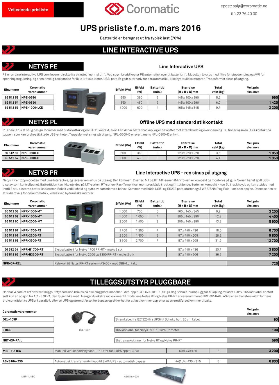 mars 2016 er beregnet ut fra typisk last (70%) LINE INTERACTIVE UPS NETYS PE Line Interactive UPS PE er en Line Interactive UPS som leverer direkte fra elnettet i normal drift.