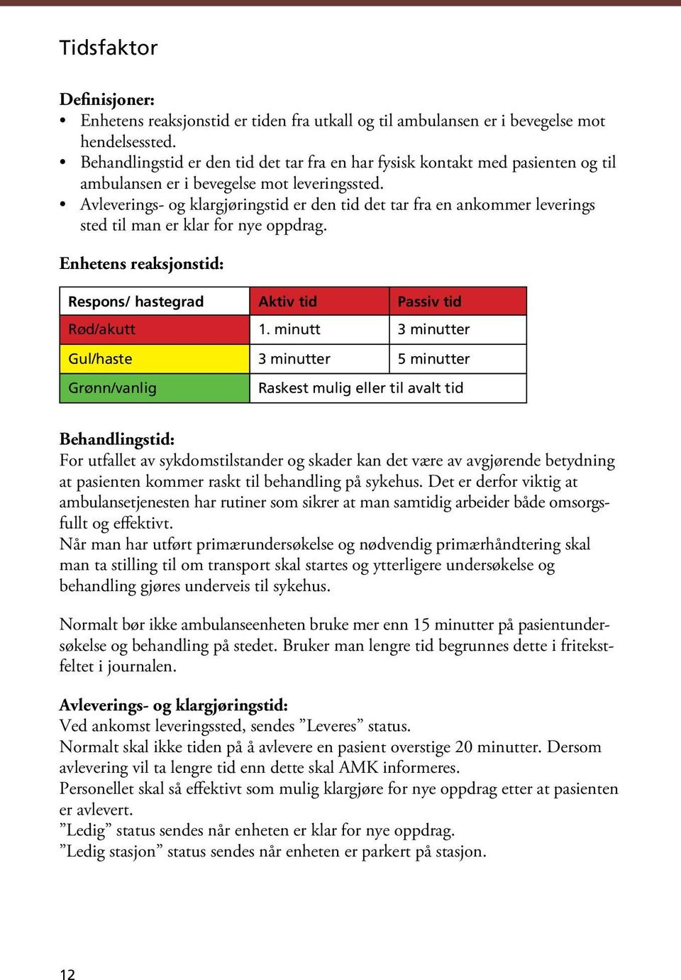 Avleverings- og klargjøringstid er den tid det tar fra en ankommer leverings sted til man er klar for nye oppdrag. Enhetens reaksjonstid: Respons/ hastegrad Aktiv tid Passiv tid Rød/akutt 1.