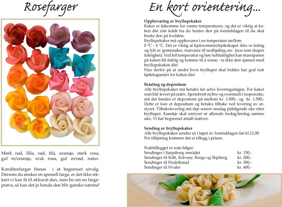 Bryllupskaker må oppbevares i en temperatur mellom 0 C - 4 C. Det er viktig at kjølerommet/kjøleskapet ikke er fuktig og fylt av grønnsaker, matvarer til nedkjøling osv. (noe som skaper fuktighet).