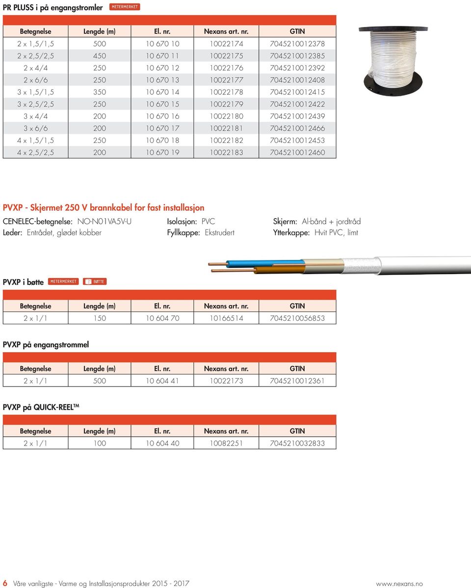 7045210012466 4 x 1,5/1,5 250 10 670 18 10022182 7045210012453 4 x 2,5/2,5 200 10 670 19 10022183 7045210012460 PVXP - Skjermet 250 V brannkabel for fast installasjon CENELEC-betegnelse: NO-N01VA5V-U