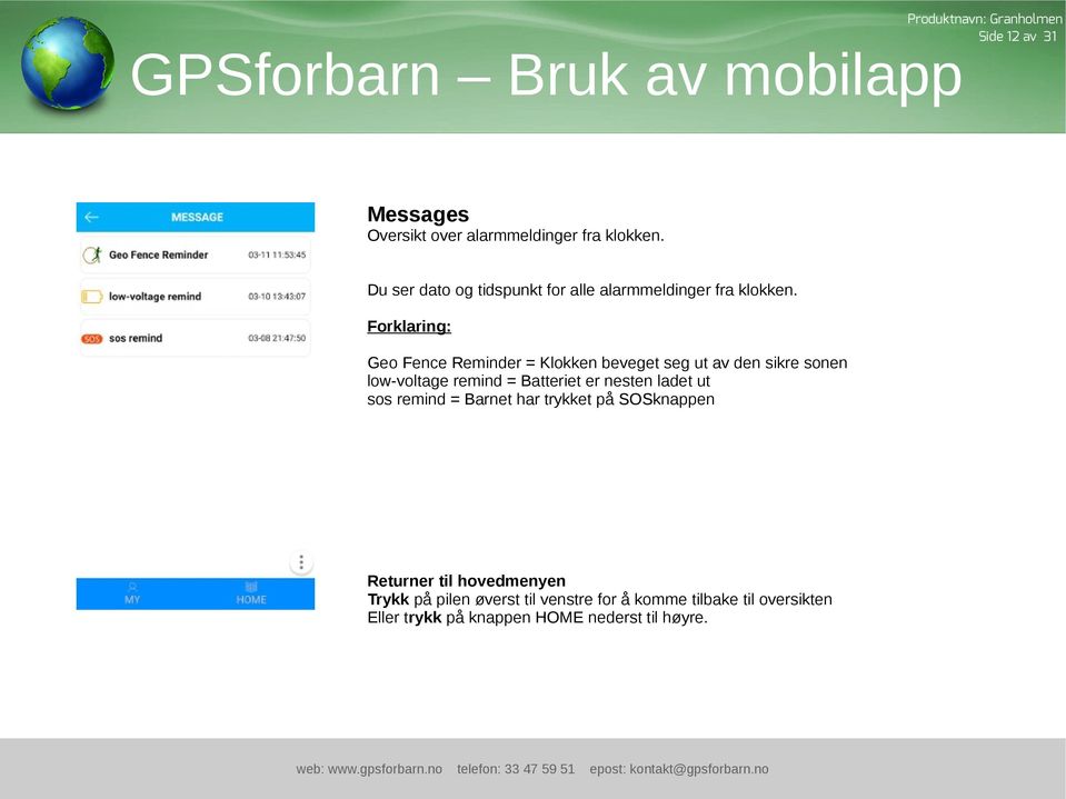 Forklaring: Geo Fence Reminder = Klokken beveget seg ut av den sikre sonen low-voltage remind = Batteriet er