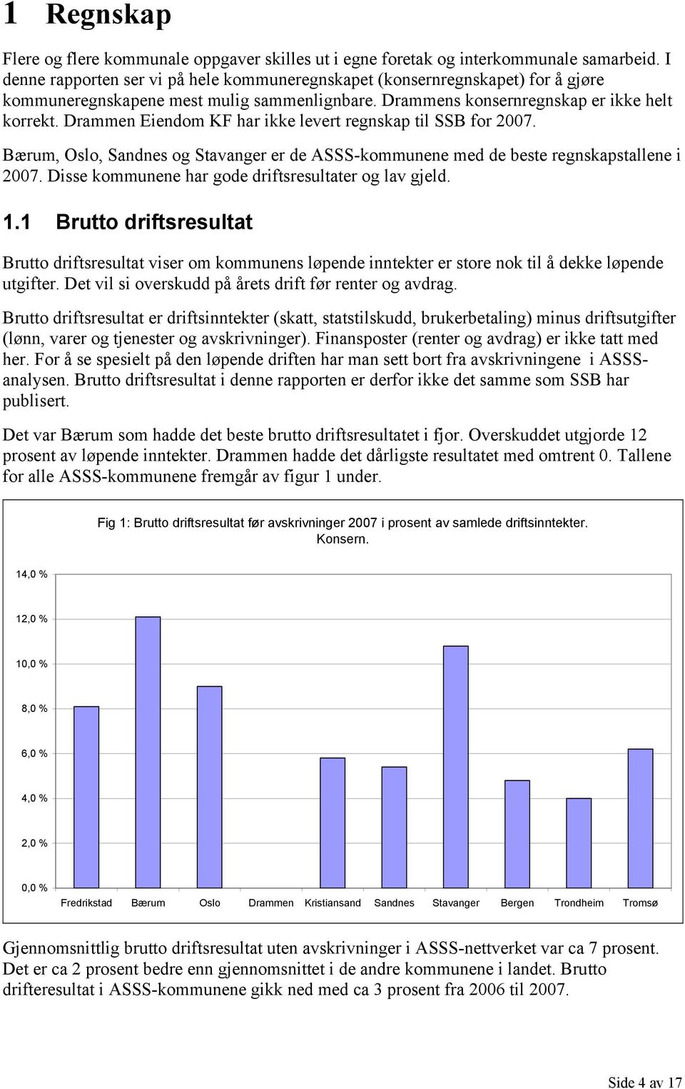 Drammen Eiendom KF har ikke levert regnskap til SSB for 2007. Bærum, Oslo, Sandnes og Stavanger er de ASSS-kommunene med de beste regnskapstallene i 2007.