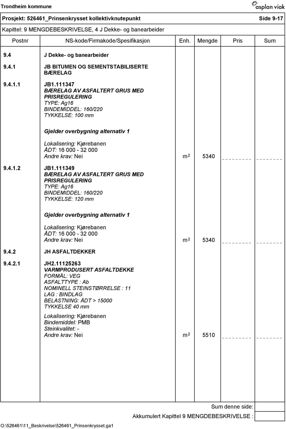 111349 BÆRELAG AV ASFALTERT GRUS MED PRISREGULERING TYPE: Ag16 BINDEMIDDEL: 160/220 TYKKELSE: 120 mm Gjelder overbygning alternativ 1 Lokalisering: Kjørebanen ÅDT: 16 000-32 000 Nei m 2 5340 9.4.2 JH ASFALTDEKKER 9.