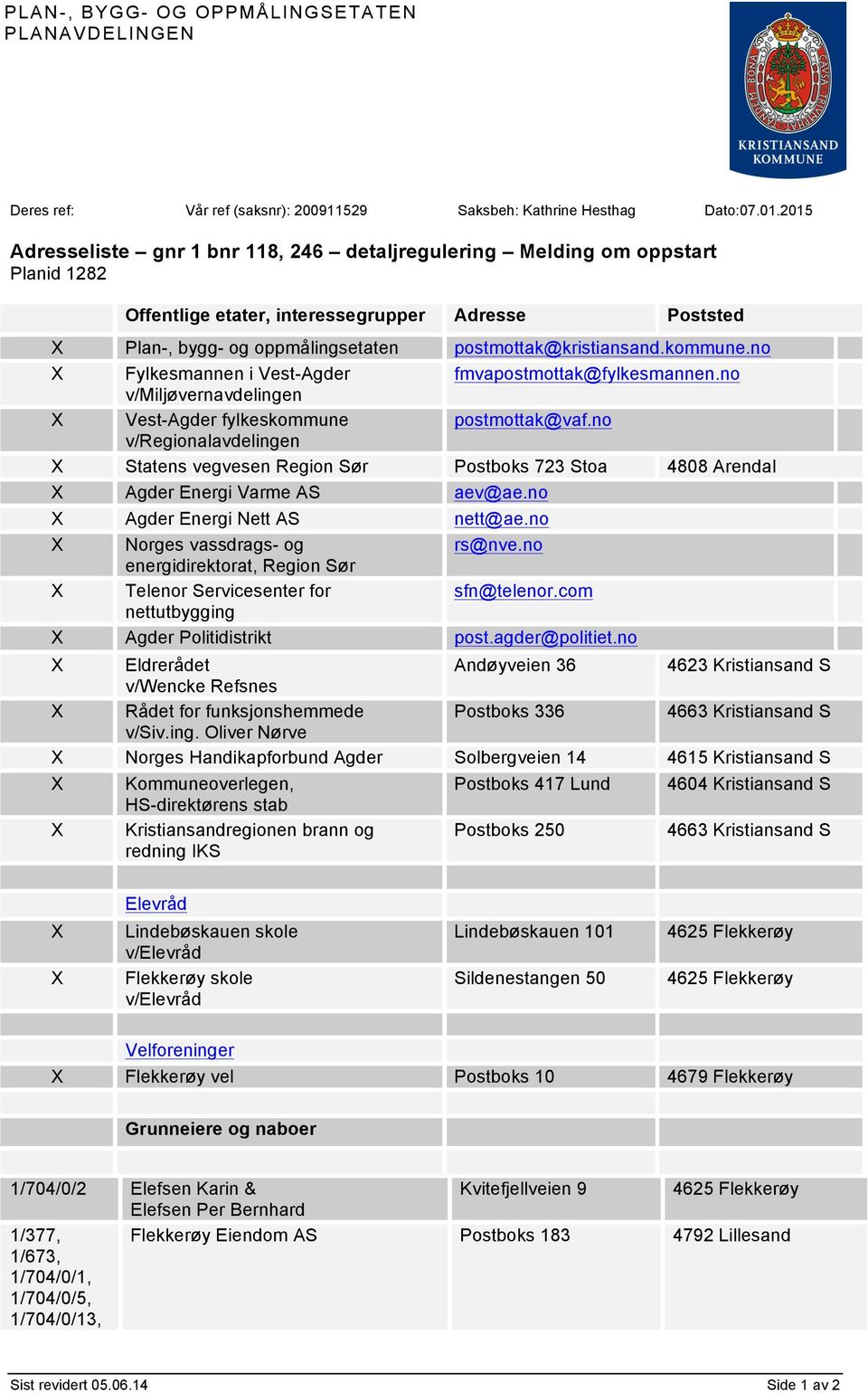 kommune.no X Fylkesmannen i Vest-Agder fmvapostmottak@fylkesmannen.no v/miljøvernavdelingen X Vest-Agder fylkeskommune postmottak@vaf.