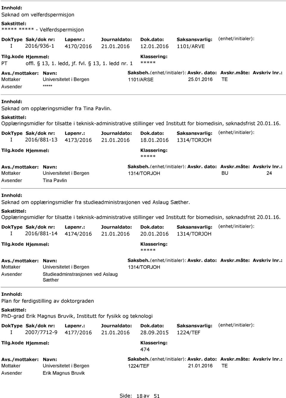 16. 2016/881-13 4173/2016 18.01.2016 1314/TORJOH 1314/TORJOH B 24 Tina Pavlin øknad om opplæringsmidler fra studieadministrasjonen ved Aslaug æther. 16.