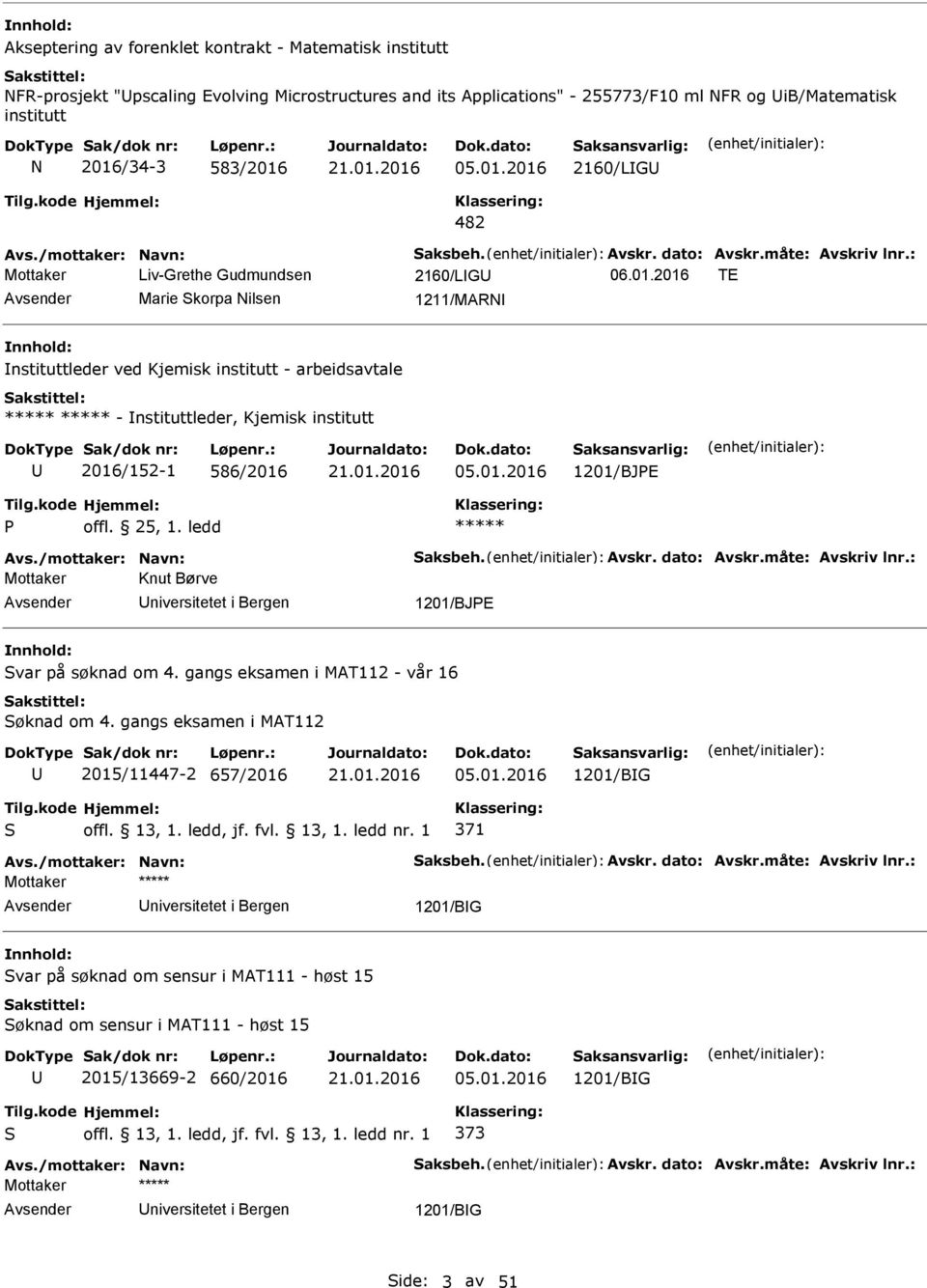 01.2016 1201/BJPE P offl. 25, 1. ledd Mottaker Knut Børve 1201/BJPE var på søknad om 4. gangs eksamen i MAT112 - vår 16 øknad om 4. gangs eksamen i MAT112 2015/11447-2 657/2016 05.01.2016 1201/BG 371 Mottaker 1201/BG var på søknad om sensur i MAT111 - høst 15 øknad om sensur i MAT111 - høst 15 2015/13669-2 660/2016 05.