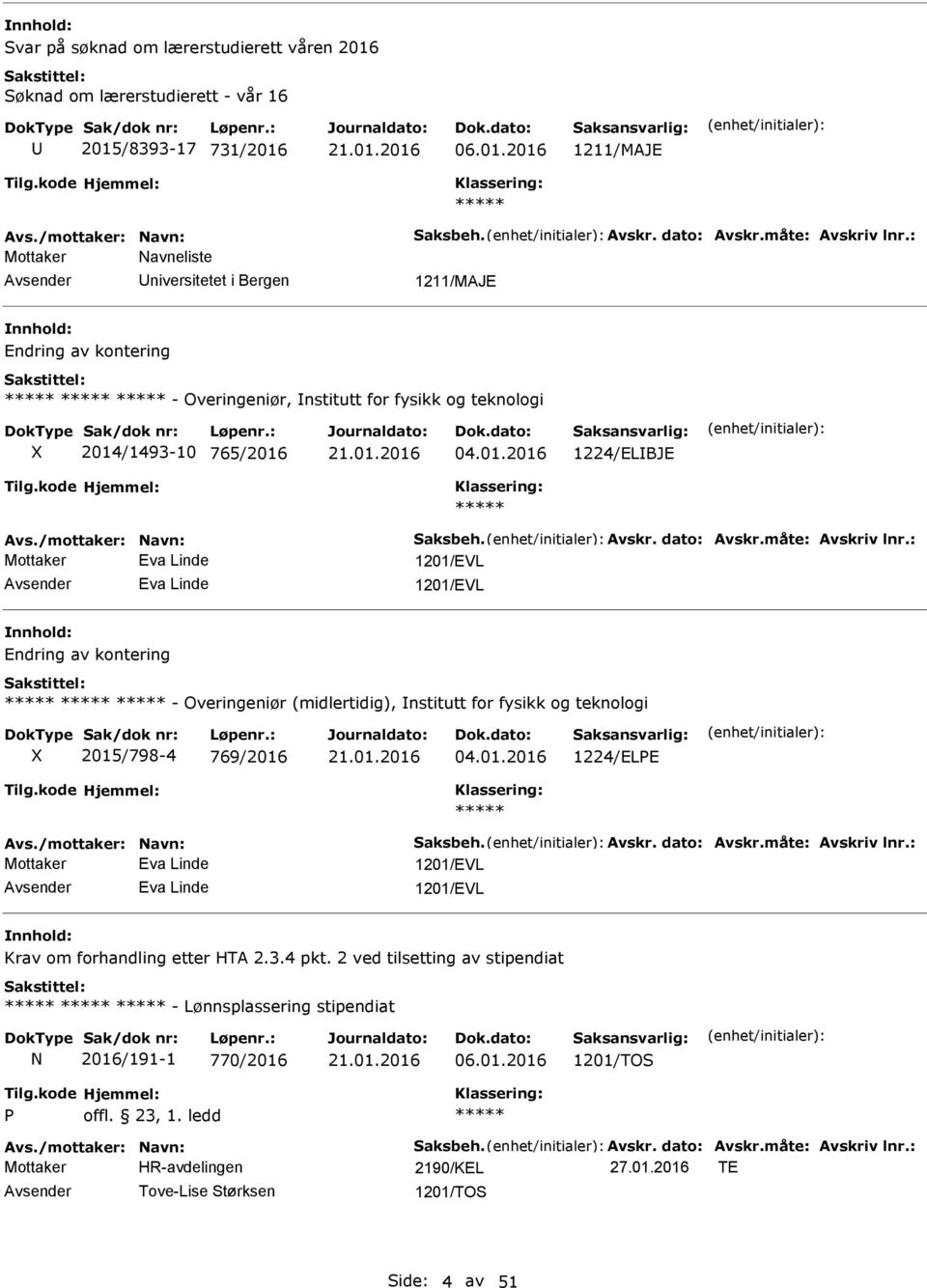 01.2016 1224/ELBJE Mottaker Eva Linde 1201/EVL Eva Linde 1201/EVL Endring av kontering - Overingeniør (midlertidig), nstitutt for fysikk og teknologi X 2015/798-4 769/2016 04.01.2016 1224/ELPE Mottaker Eva Linde 1201/EVL Eva Linde 1201/EVL Krav om forhandling etter HTA 2.