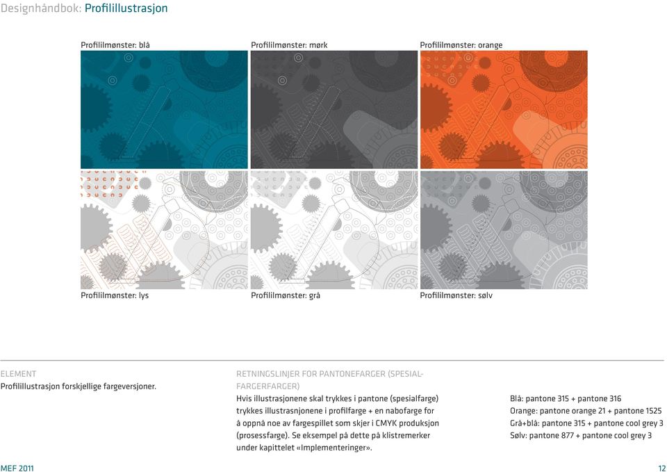 RETNINGSLINJER FOR PANTONEFARGER (SPESIAL- FARGERFARGER) Hvis illustrasjonene skal trykkes i pantone (spesialfarge) trykkes illustrasnjonene i profilfarge + en nabofarge