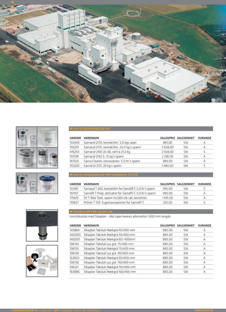 5,0 ltr s spann 380,00 Stk A 155200 SarnaCol 2121, 20 kg s spann 1 480,00 Stk S applelim OG RENSEMIDLER FPO (SARNAFIL TG/TS) 155187 Sarnacol T 660, kontaktlim for Sarnafil-T, 5,0 ltr s spann 995,00