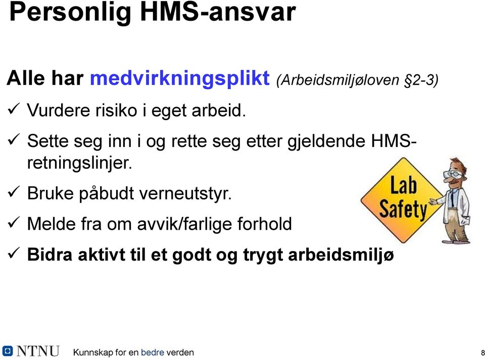 Sette seg inn i og rette seg etter gjeldende HMSretningslinjer.