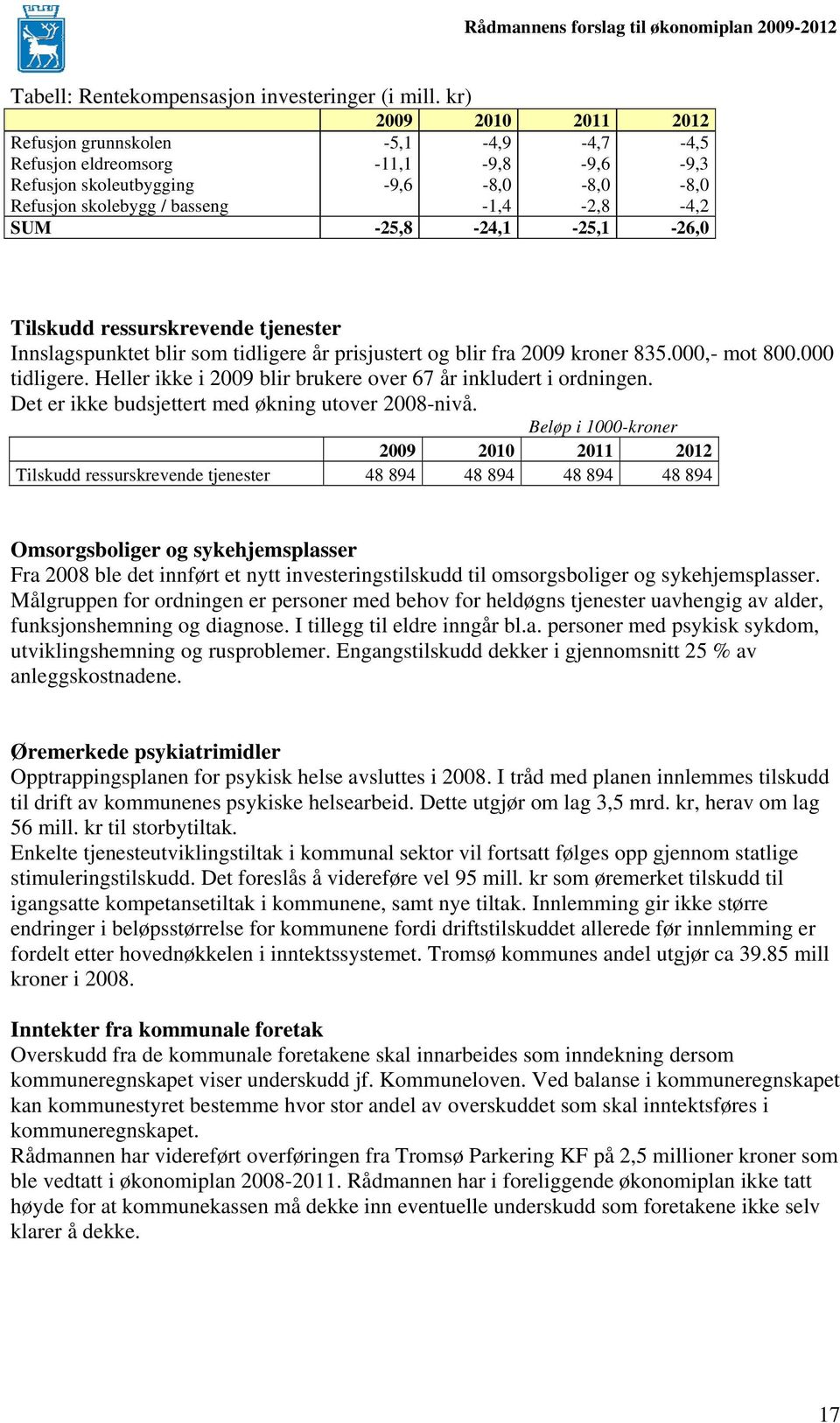 -25,8-24,1-25,1-26,0 Tilskudd ressurskrevende tjenester Innslagspunktet blir som tidligere år prisjustert og blir fra 2009 kroner 835.000,- mot 800.000 tidligere.