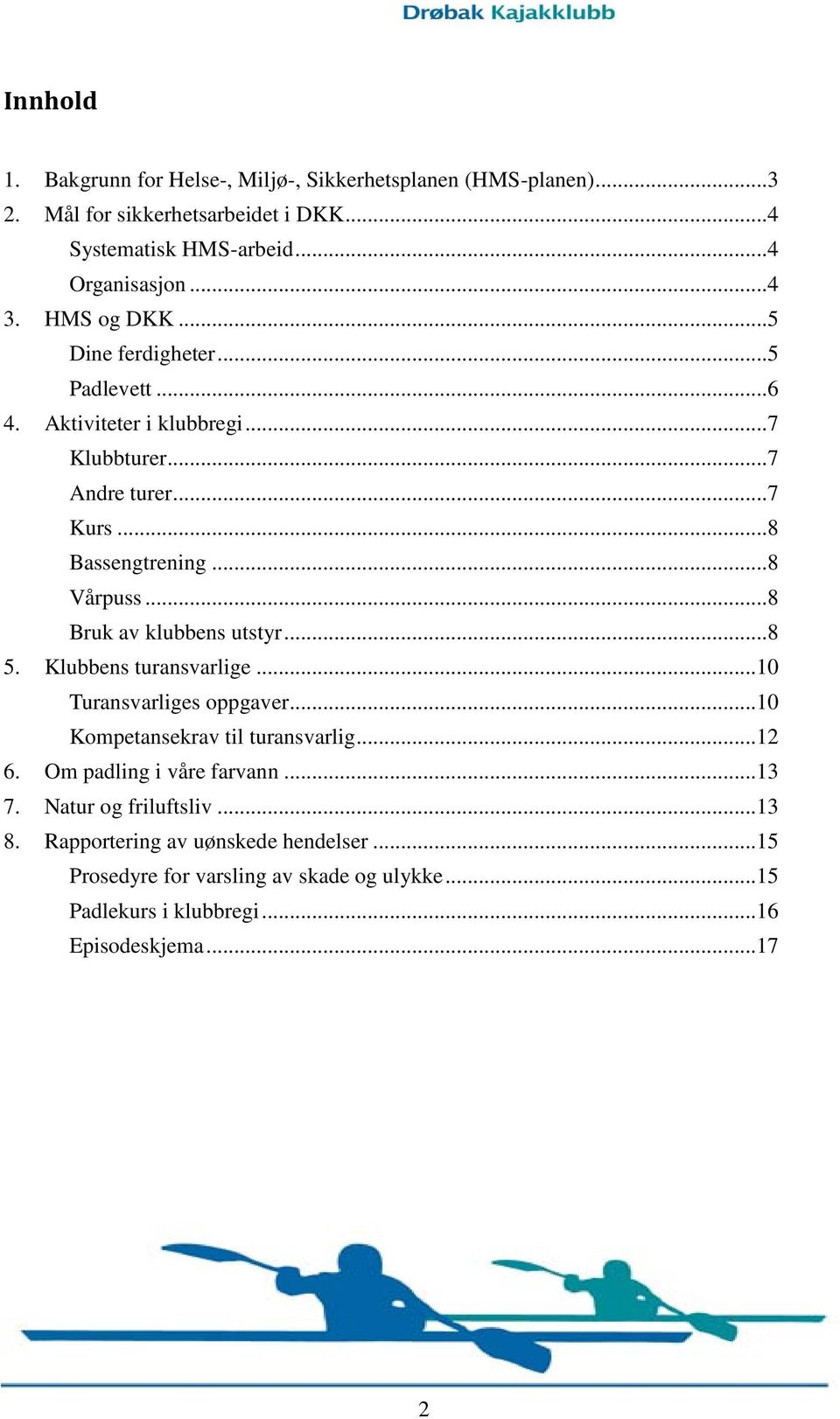 ..8 Bruk av klubbens utstyr...8 5. Klubbens turansvarlige...10 Turansvarliges oppgaver...10 Kompetansekrav til turansvarlig...12 6. Om padling i våre farvann.