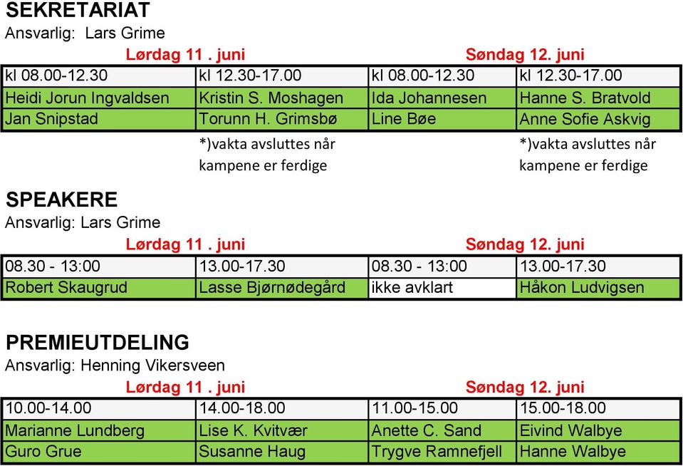 Grimsbø Line Bøe Anne Sofie Askvig SPEAKERE *)vakta avsluttes når kampene er ferdige *)vakta avsluttes når kampene er ferdige Ansvarlig: Lars Grime Lørdag 11. juni Søndag 12. juni 08.