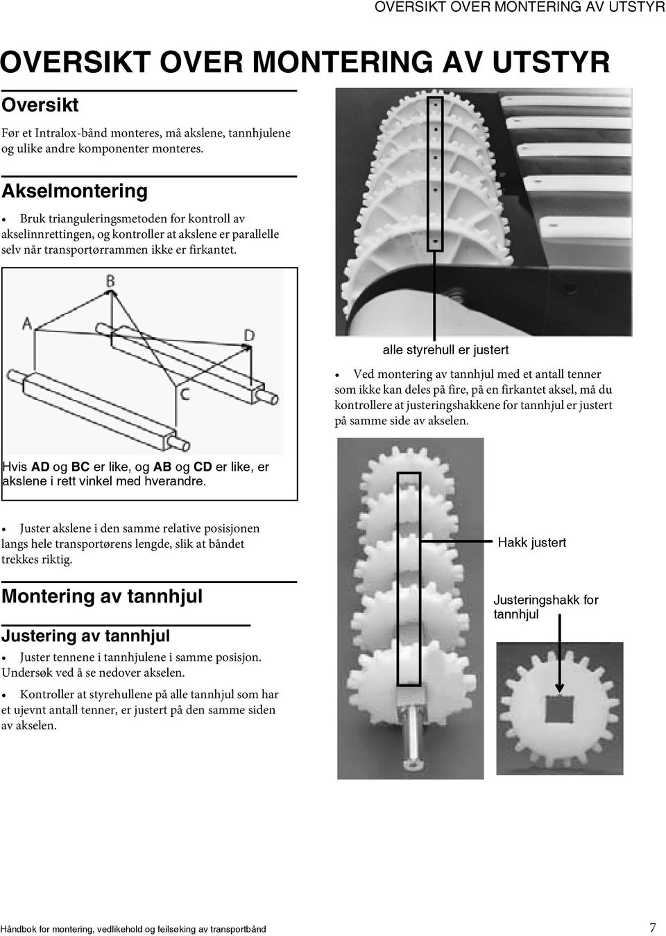 alle styrehull er justert Ved montering av tannhjul med et antall tenner som ikke kan deles på fire, på en firkantet aksel, må du kontrollere at justeringshakkene for tannhjul er justert på samme